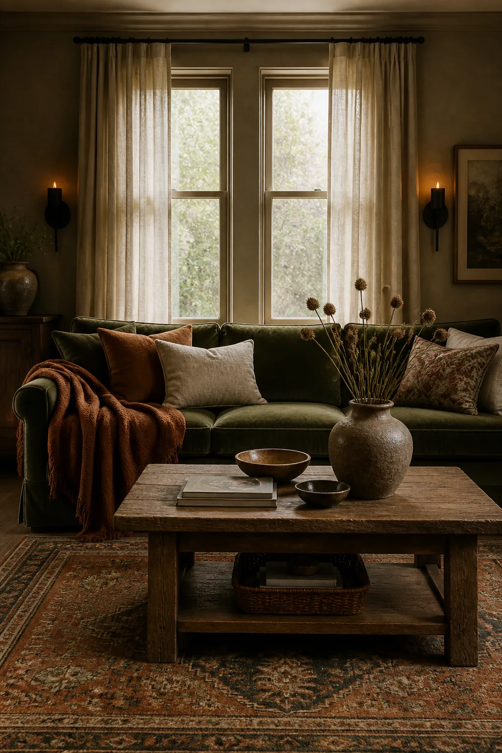 Olive green, rust and linen living room colour scheme for an earthy warm space