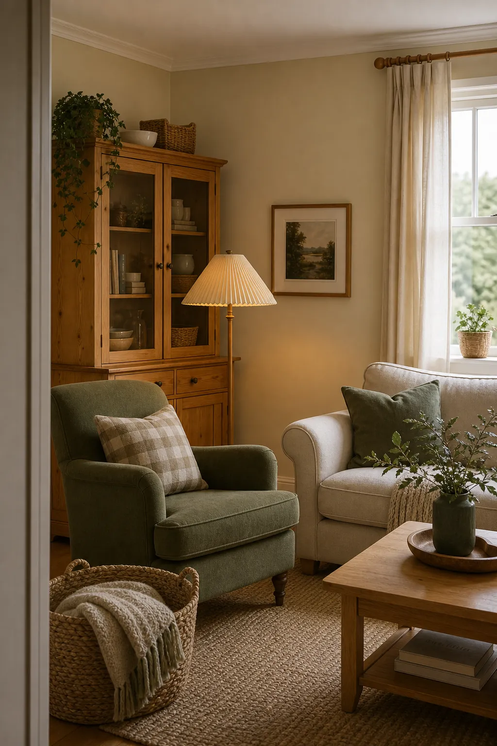 Buttercream, honey wood and muted green cozy living room warm color palette
