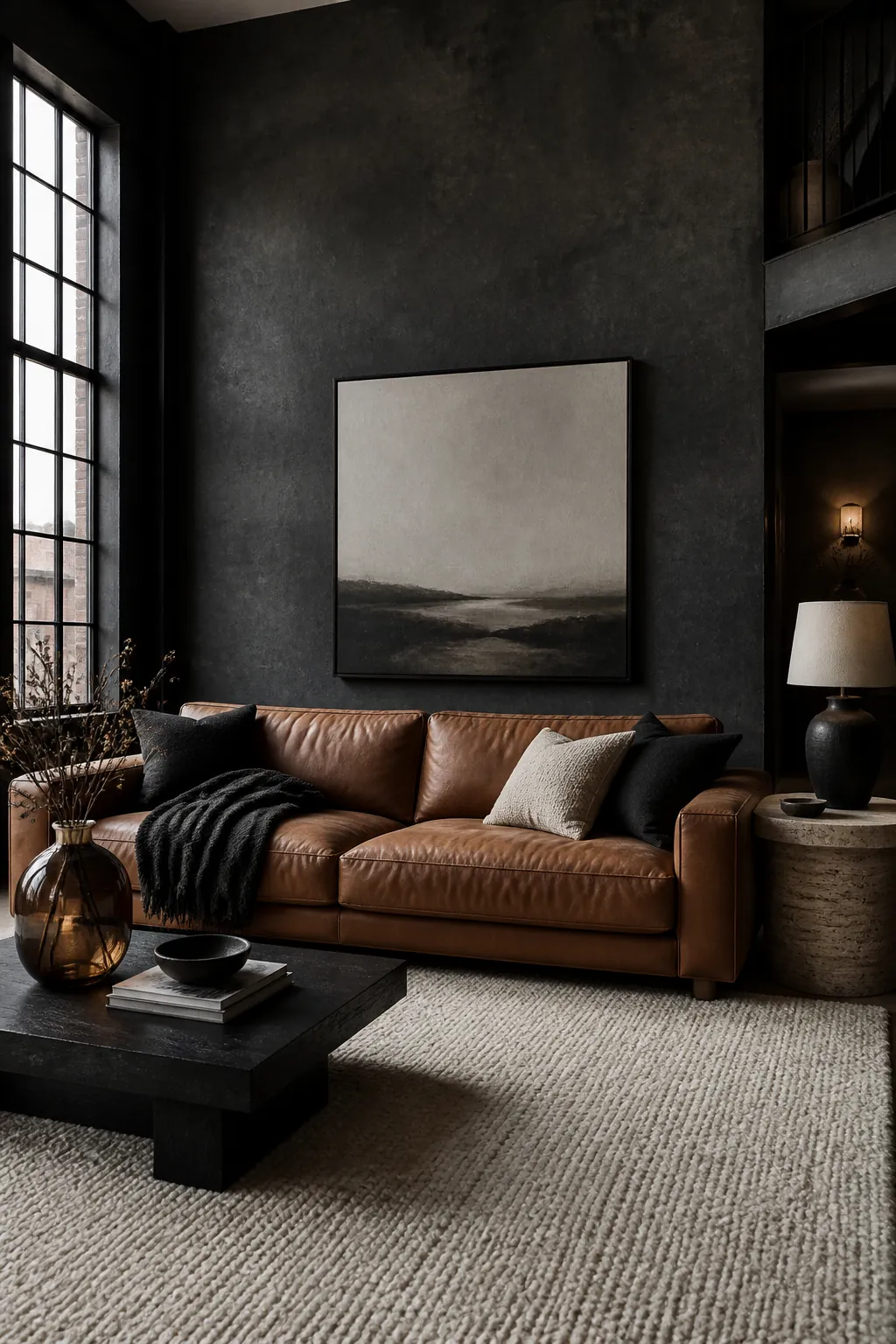 Charcoal, cognac and wool white modern cosy living room idea