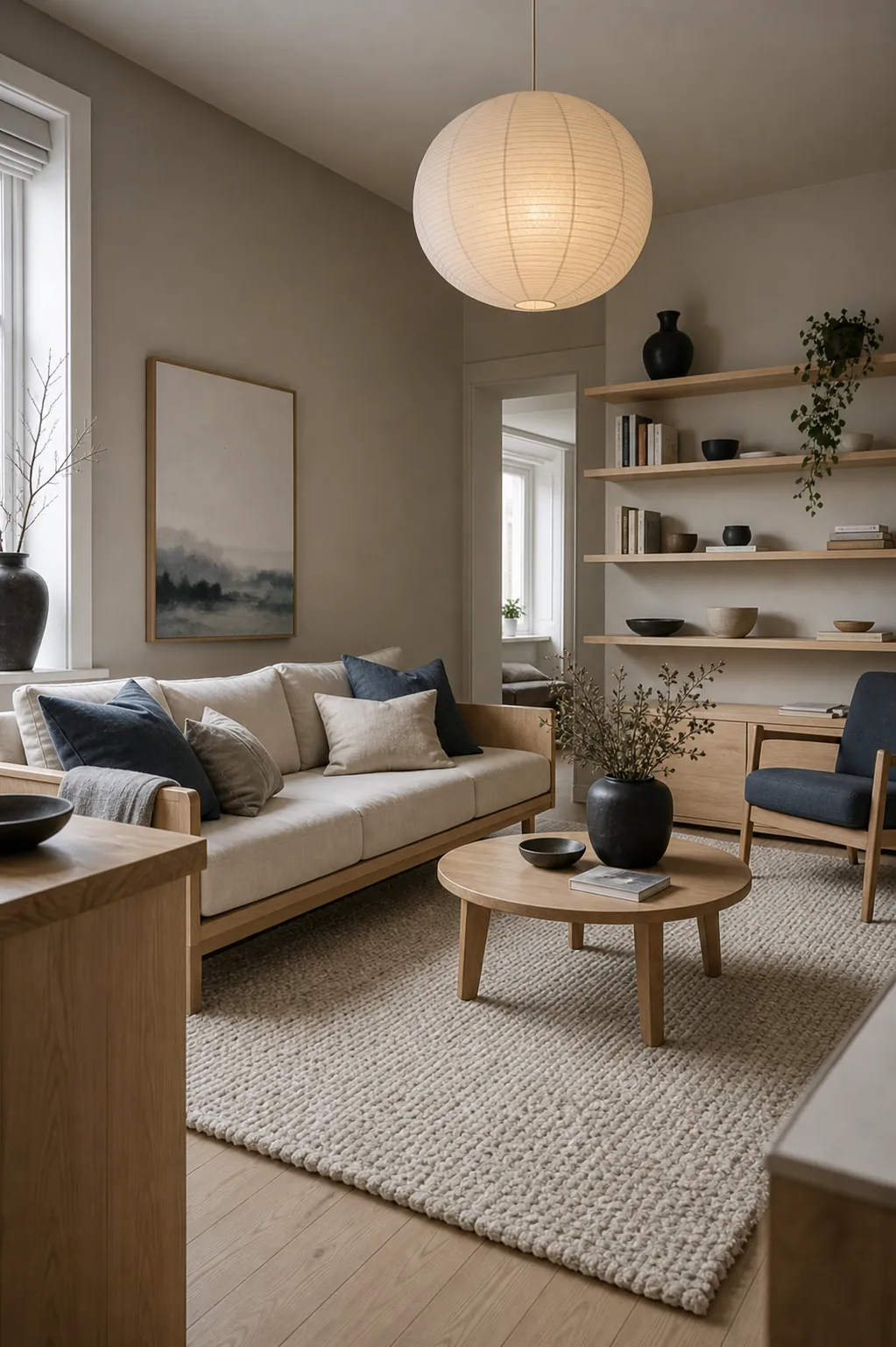 Scandinavian greige, white oak and smoky blue living room colour scheme