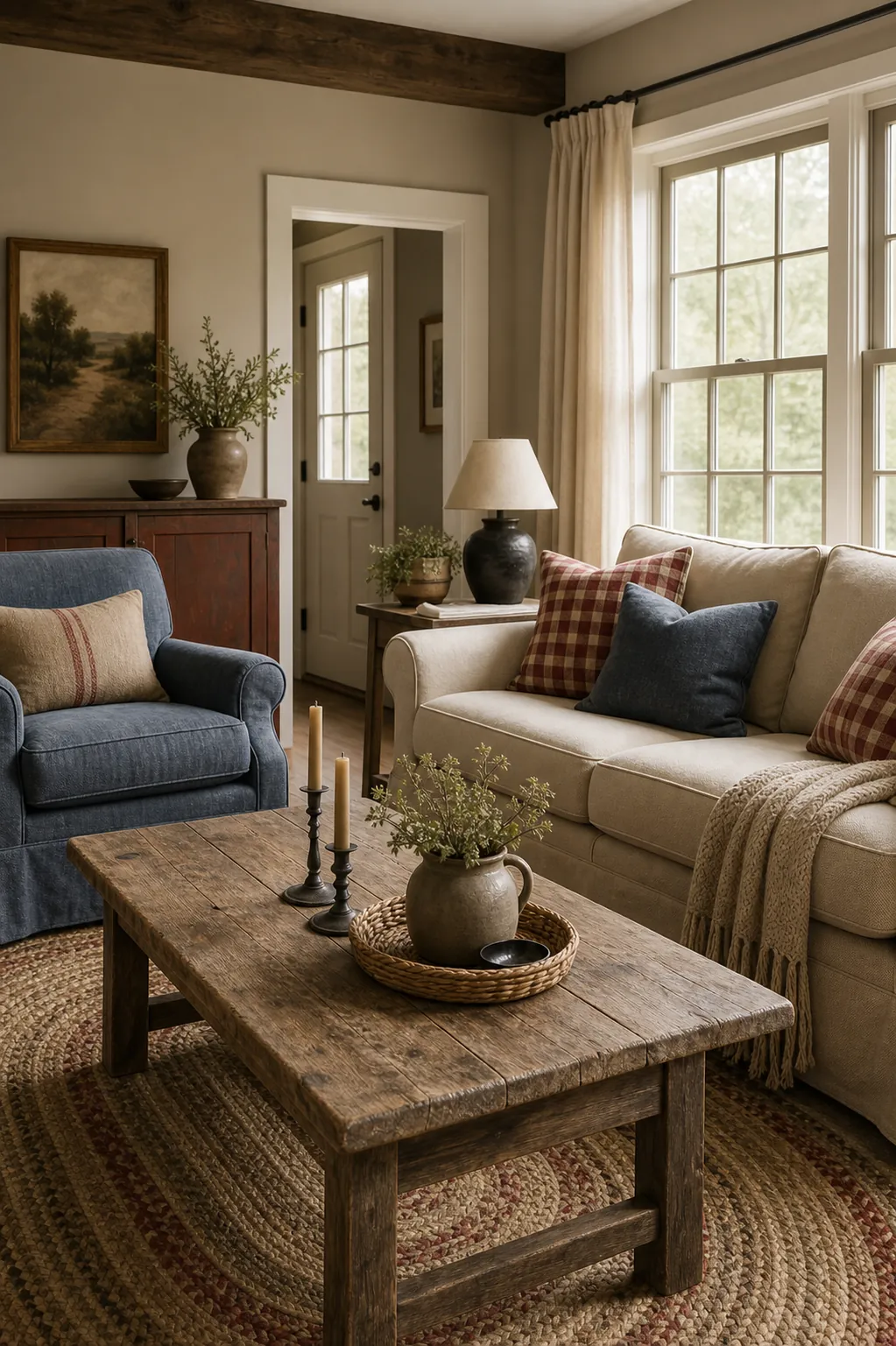 Farmhouse putty, barn red and faded denim cosy living room decor