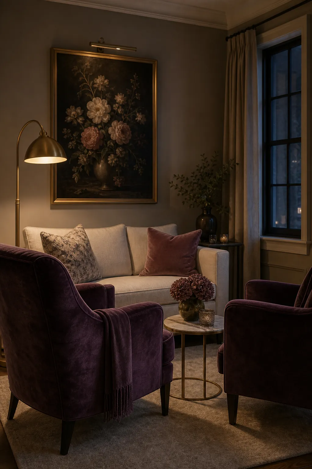 Plum, mushroom and brushed brass cosy living room colour scheme