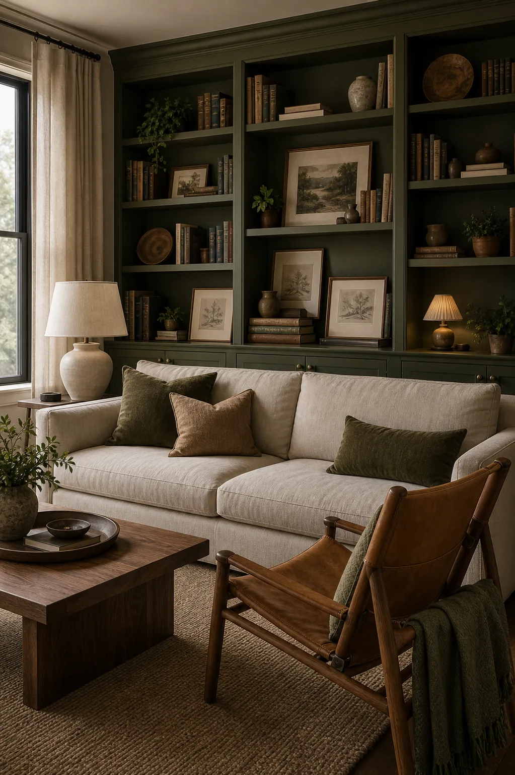 Forest green, parchment and tan cosy living room with nature inspired colour palette