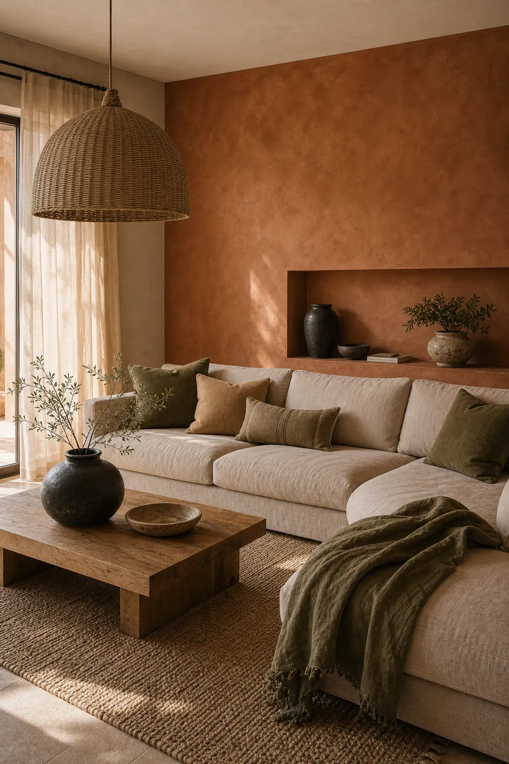 Clay, sand and olive earthy living room colour scheme