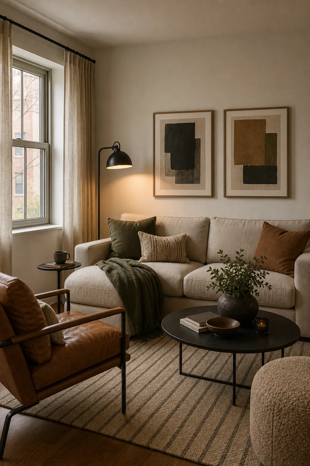Warm white, blackened bronze and caramel leather cosy living room colour scheme