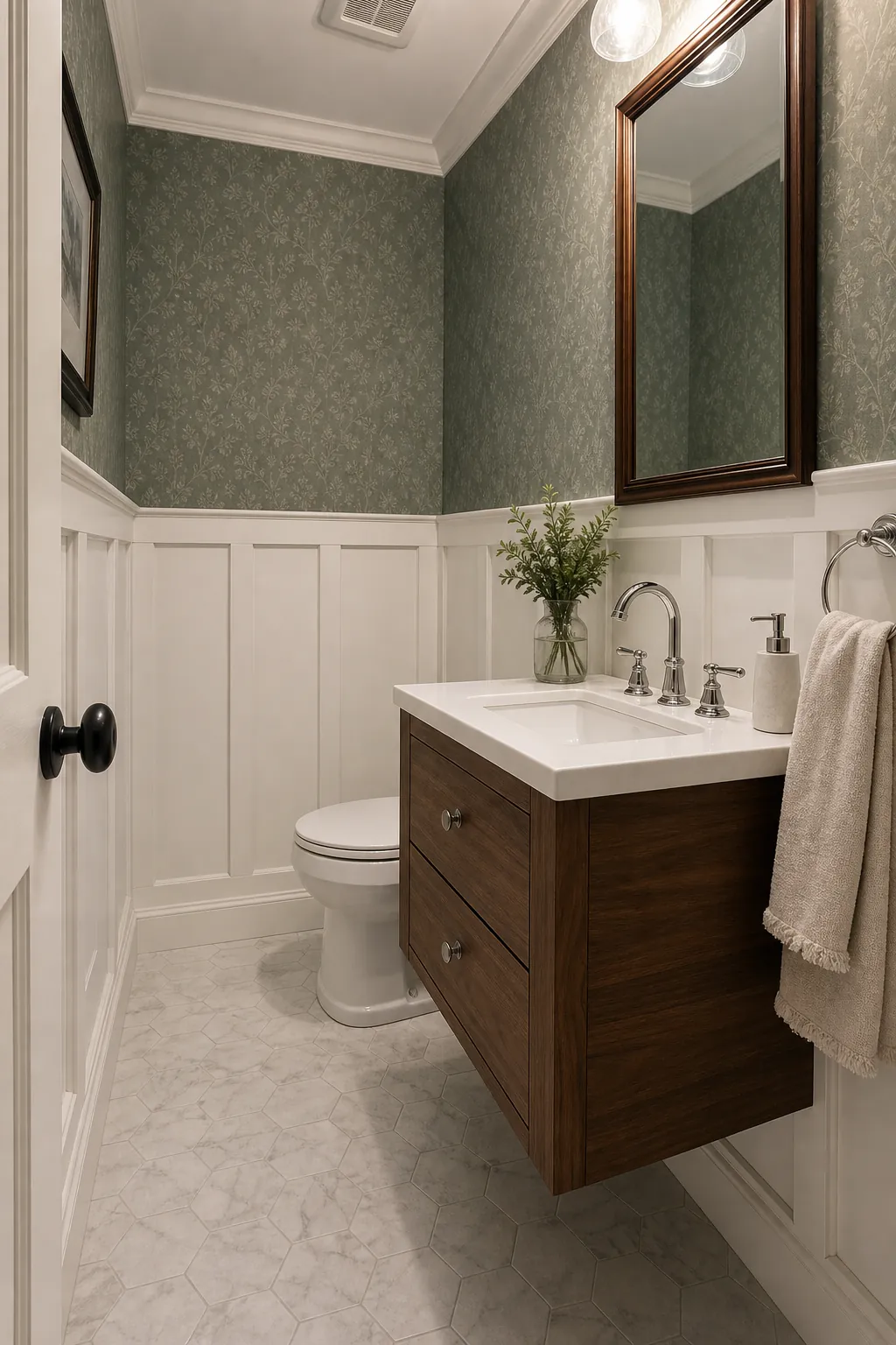 Half bath with white board and batten, patterned wallpaper above, and a small wood vanity
