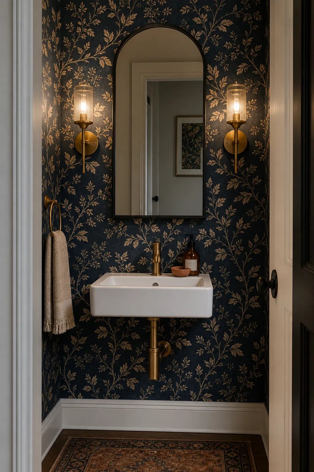 Small half bathroom with bold wallpaper, brass sconces, and a curved mirror