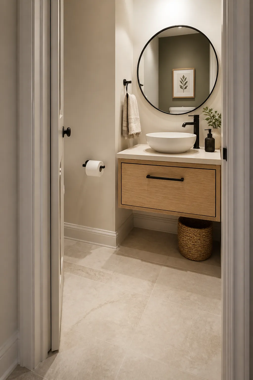 Small powder room with a floating light oak vanity and visible floor space
