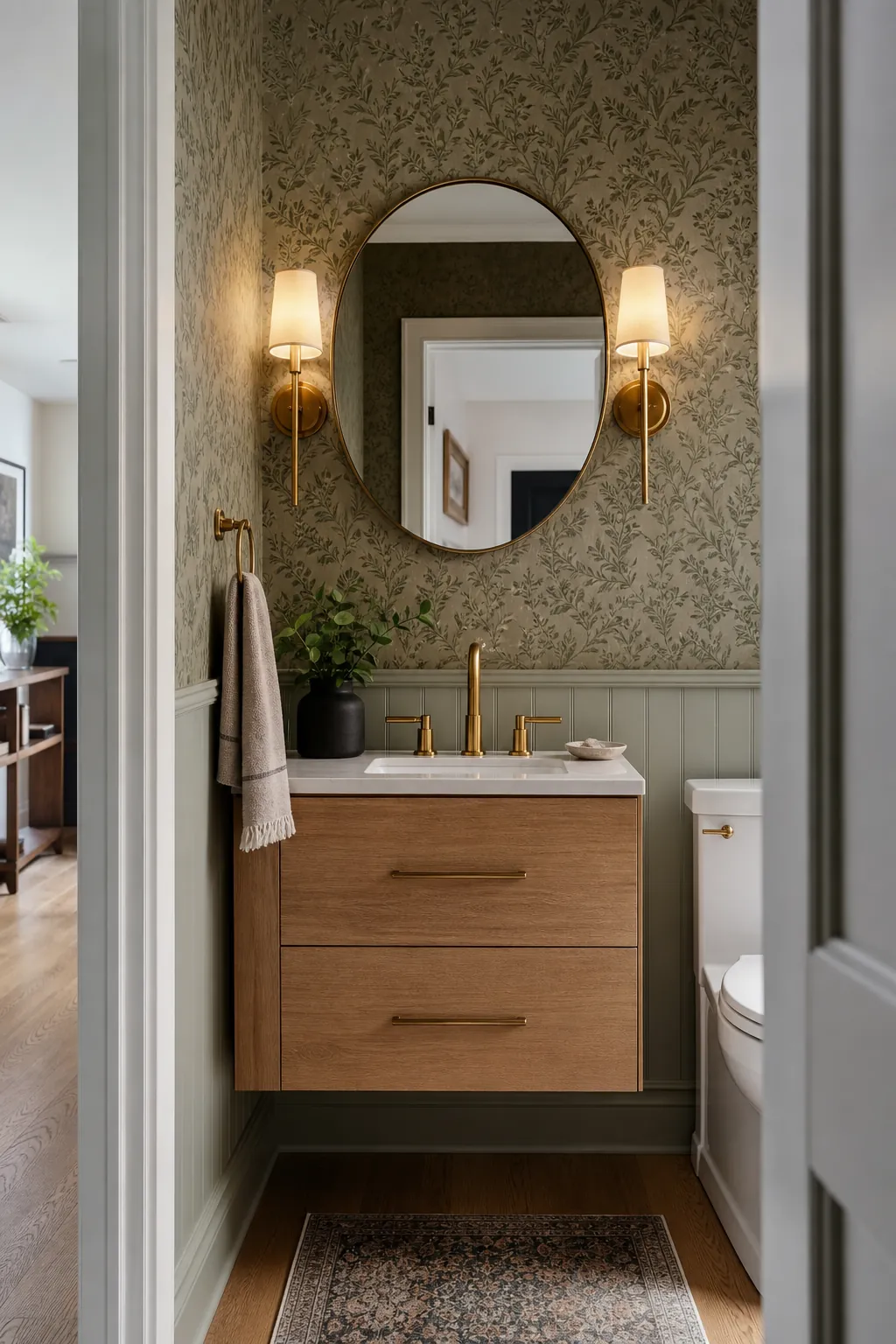 Stylish small half bathroom with floating vanity, wallpaper, brass fixtures, and guest-ready details