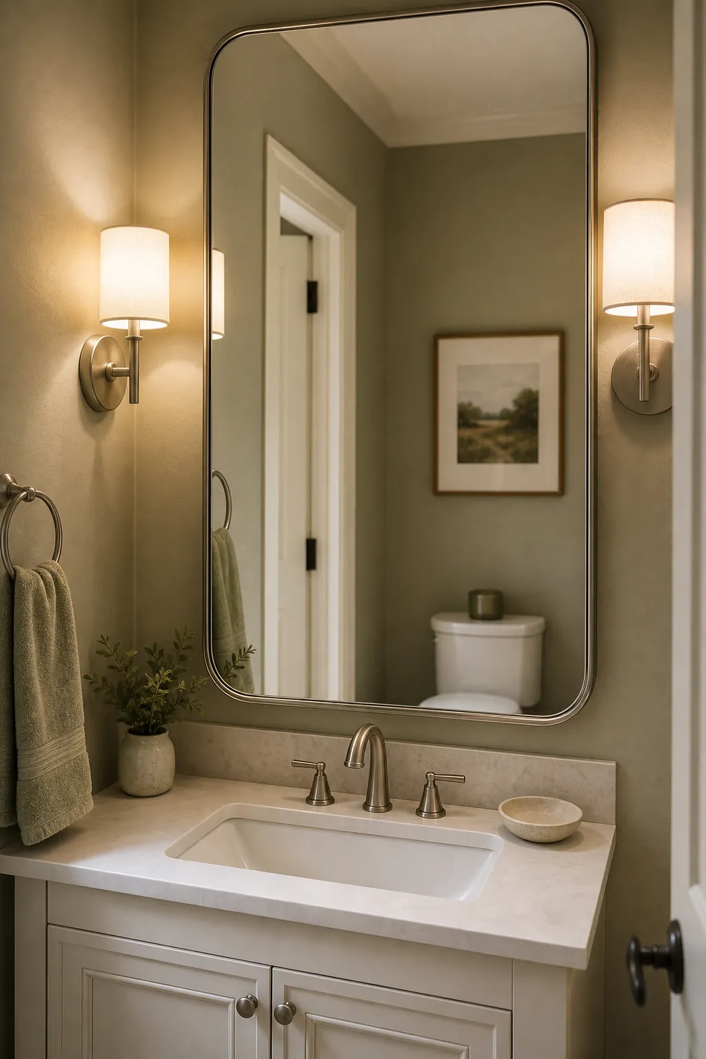 Half bath with an oversized mirror reflecting warm light and making the room feel larger
