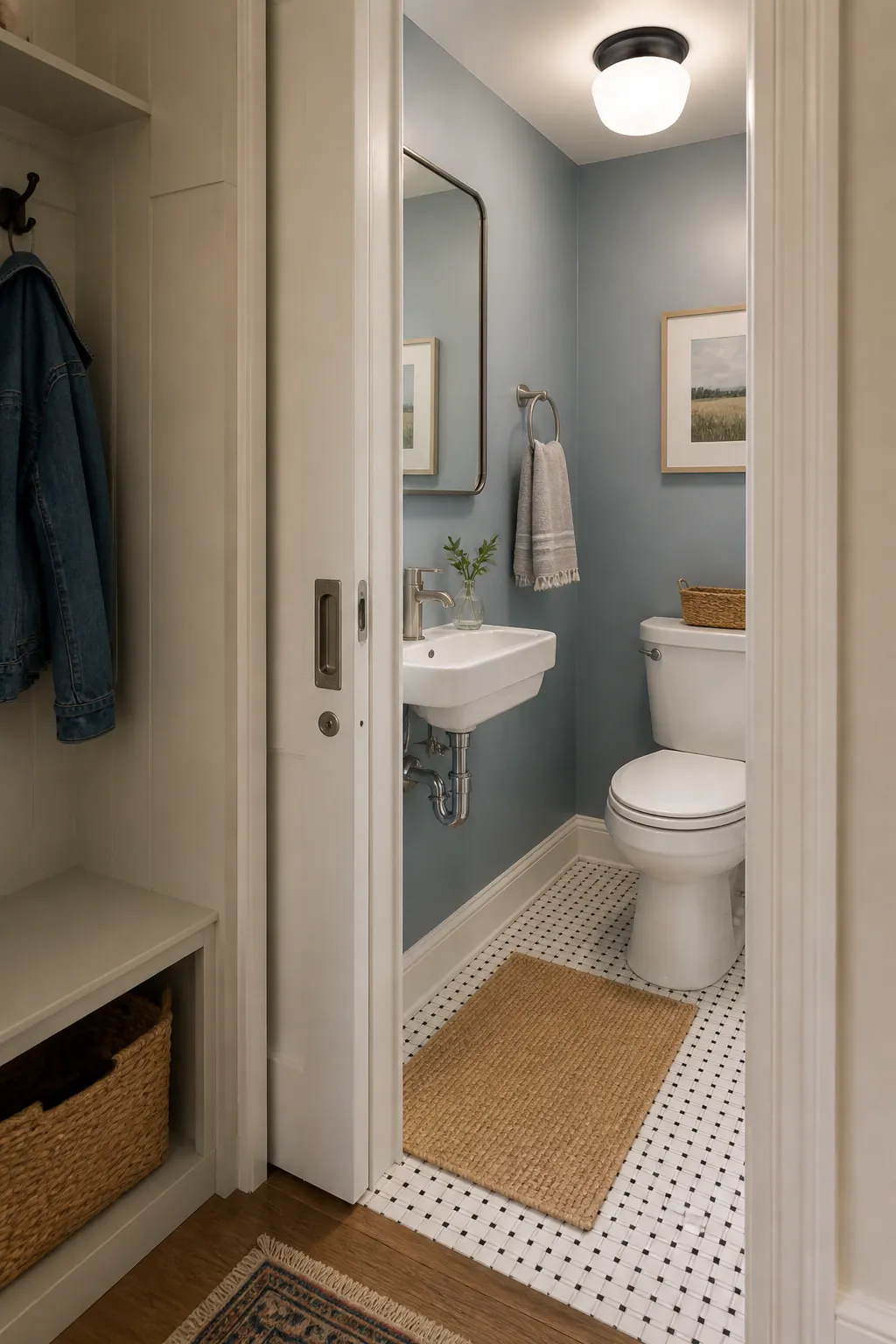 Tiny half bath with a pocket door and clear space around the sink