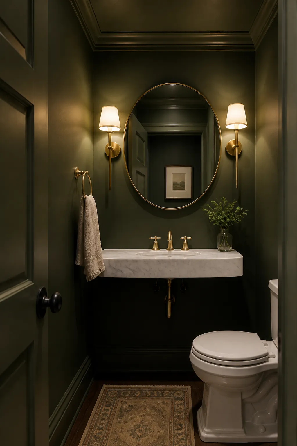 Windowless half bath painted dark green with brass fixtures and warm lighting