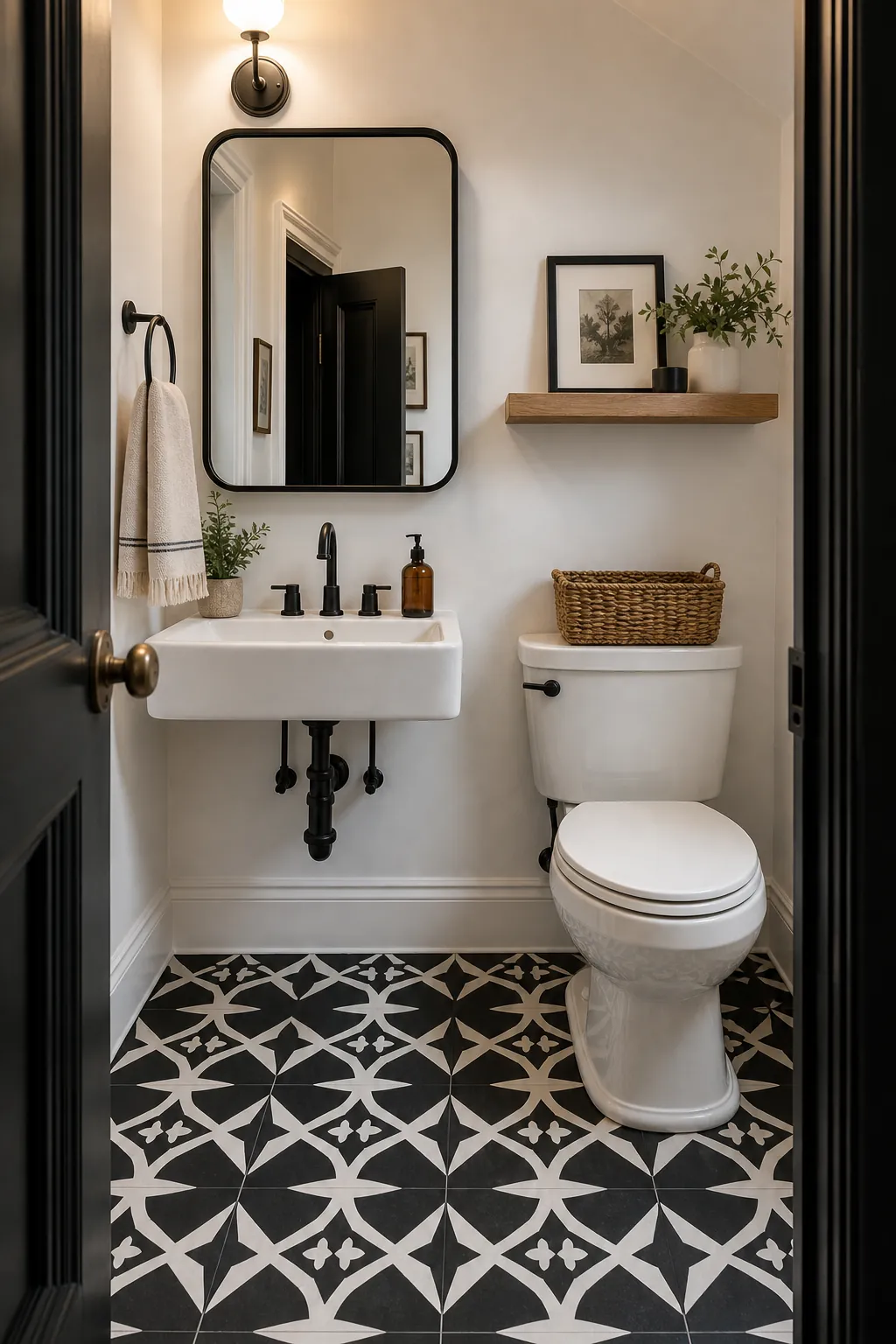 Black and white half bathroom with warm wood accents and graphic floor tile
