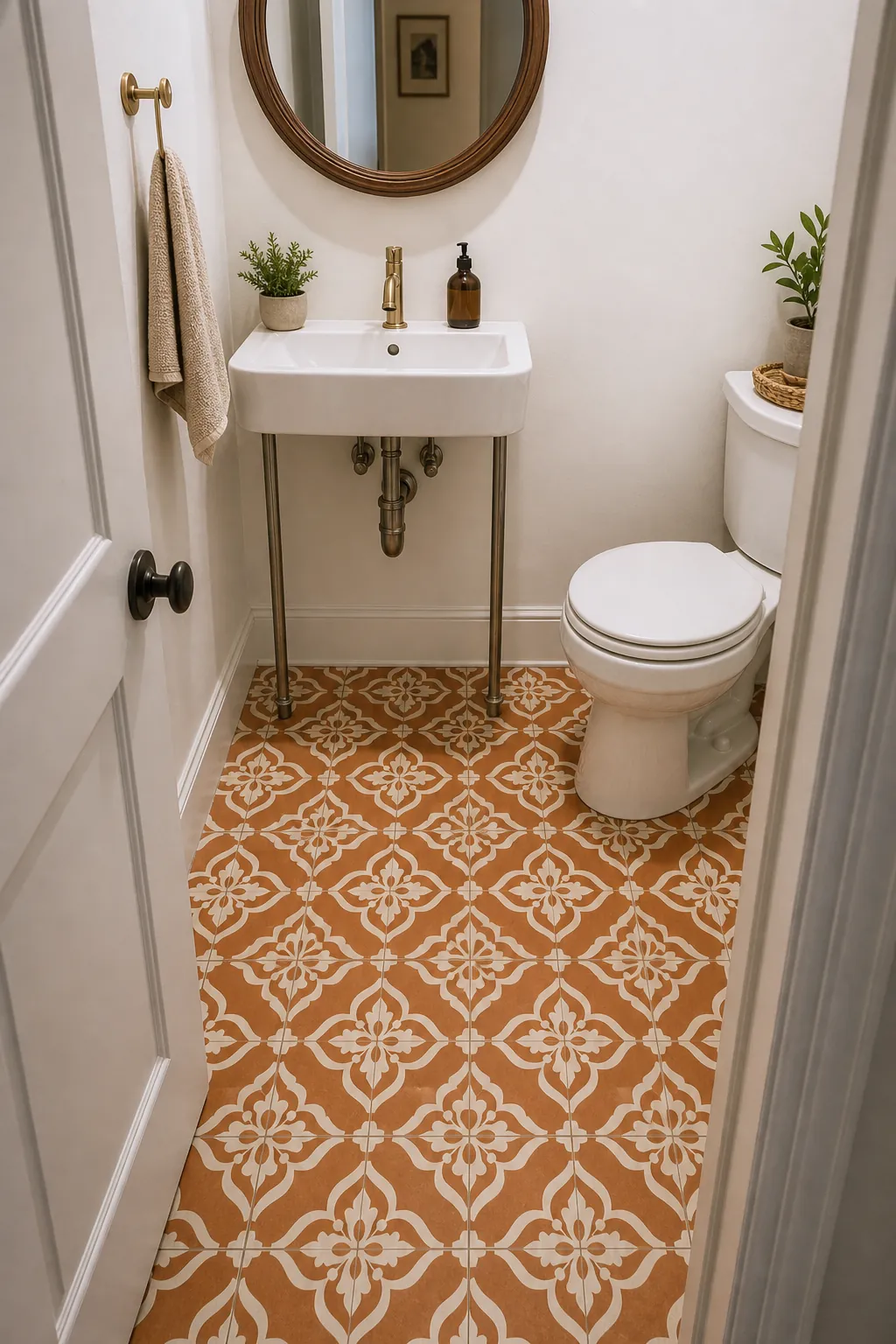 Small powder room with statement floor tile and simple white walls