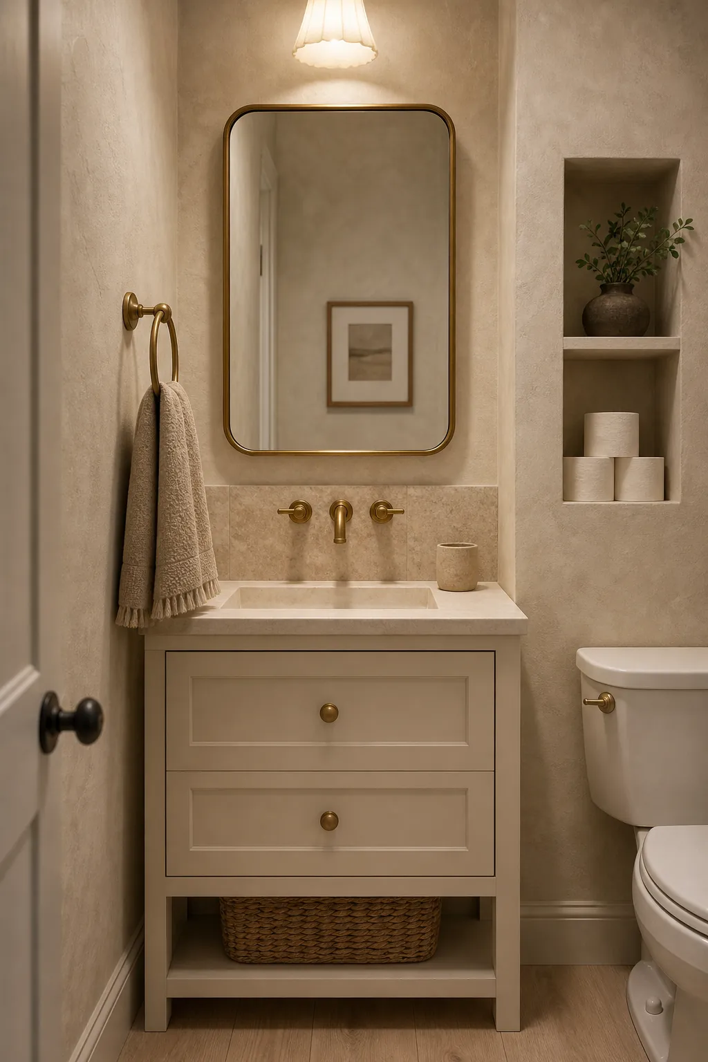 Warm neutral half bathroom with limestone tones, brass mirror, and textured walls
