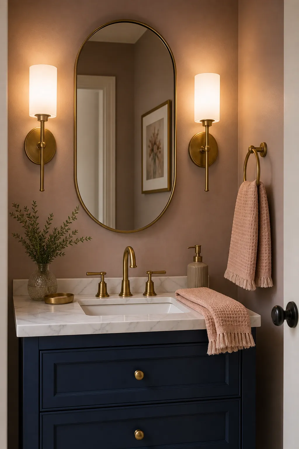 Half bathroom mirror with face-height sconces and flattering warm light
