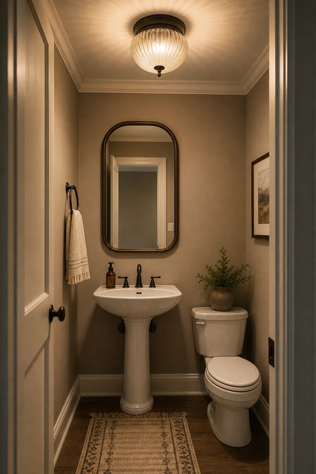 Tiny powder room with a small statement ceiling light and simple walls