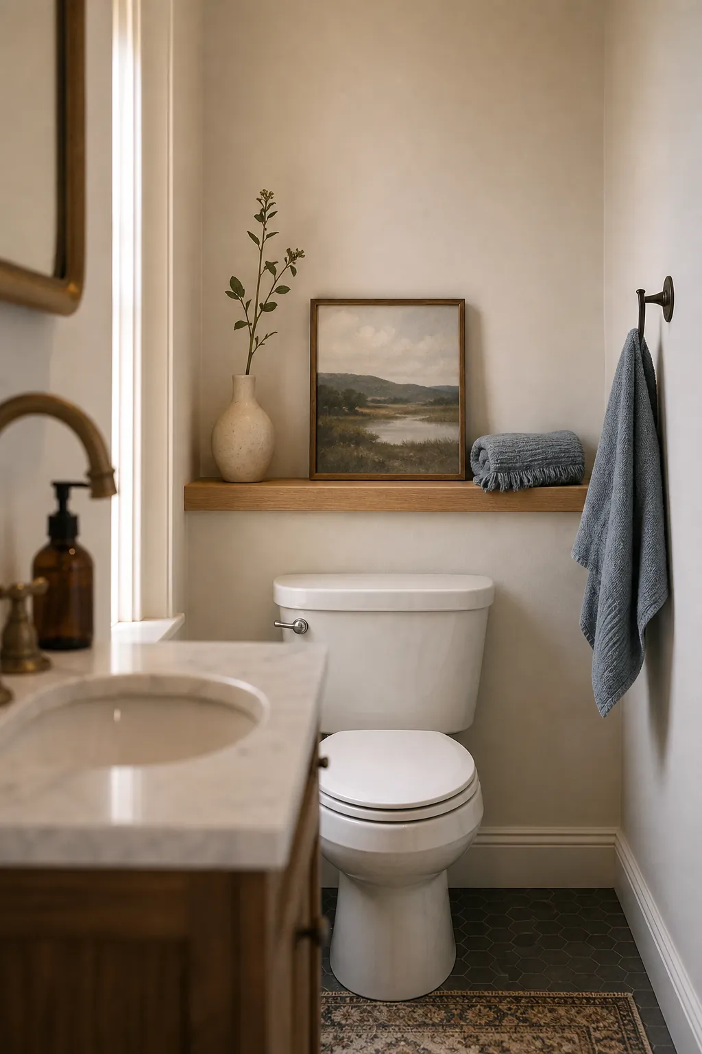Half bath with a shallow ledge above the toilet holding simple guest essentials