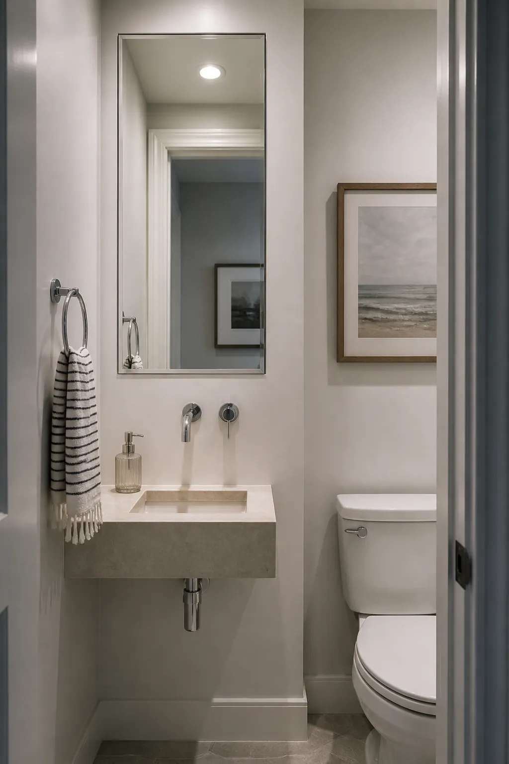 Small half bath with a recessed mirrored cabinet and uncluttered sink