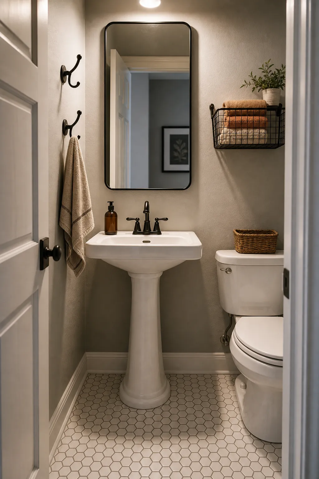 Half bath with a pedestal sink, wall hooks, and a small storage basket