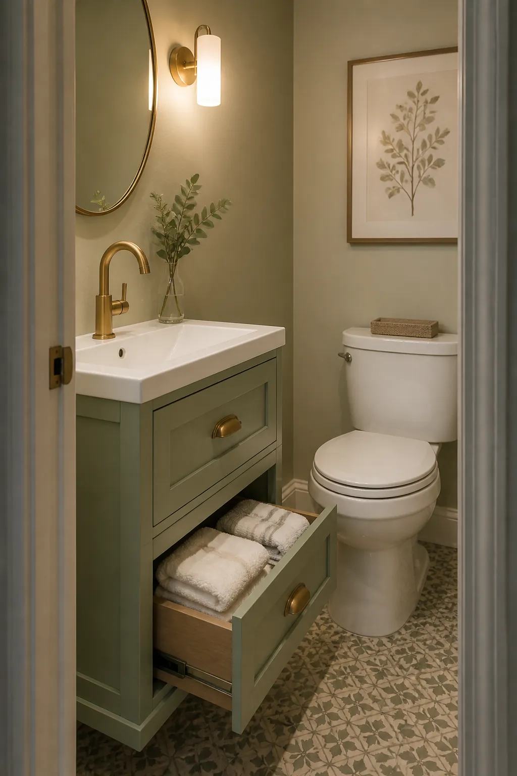 Small half bathroom vanity with compact drawers for guest supplies
