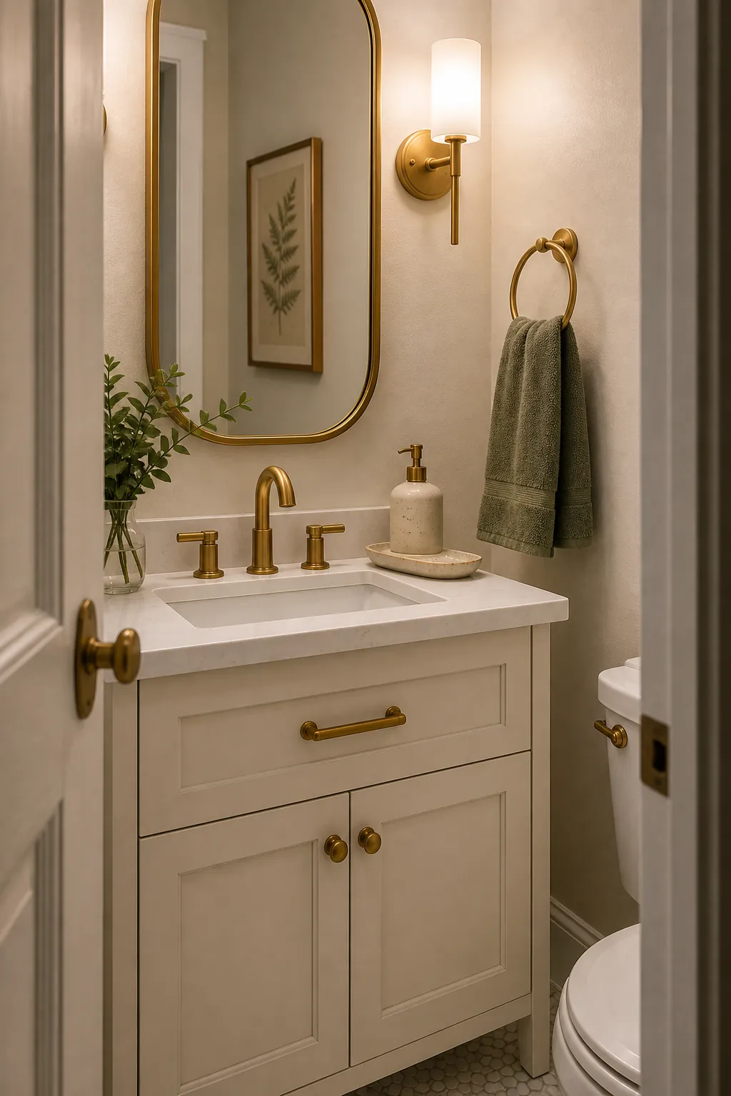 Half bathroom with coordinated brass faucet, mirror, towel ring, and cabinet pulls