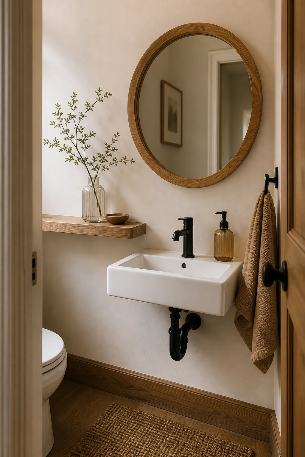 Small powder room with natural wood mirror, shelf, and warm white walls
