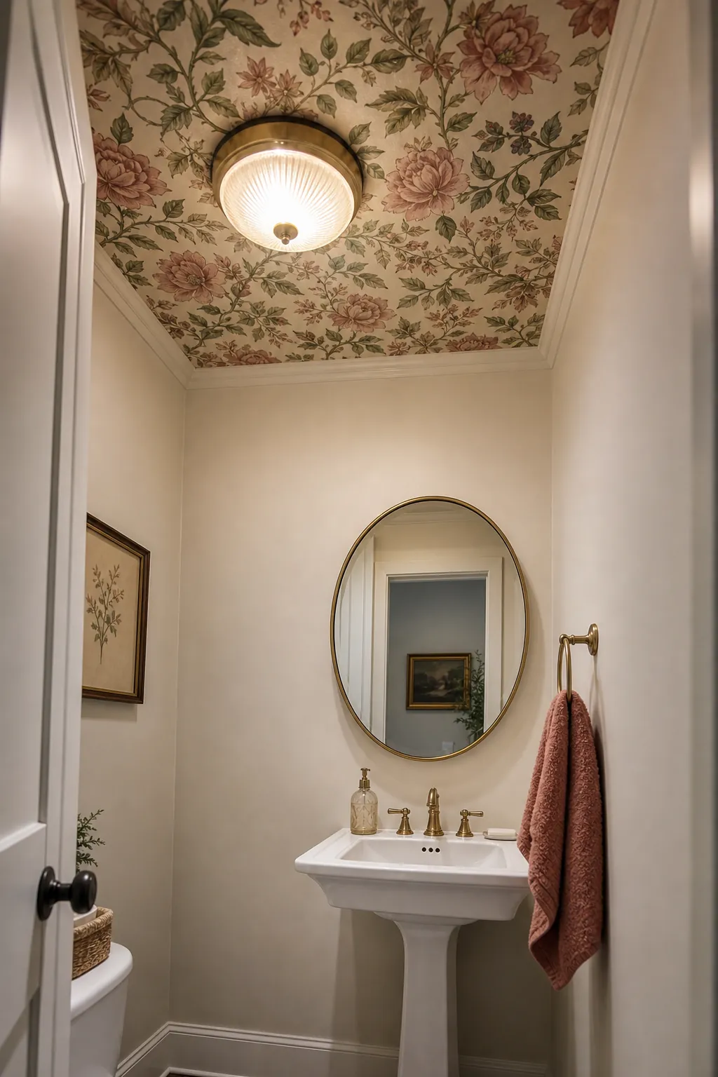 Tiny powder room with wallpaper on the ceiling and simple painted walls