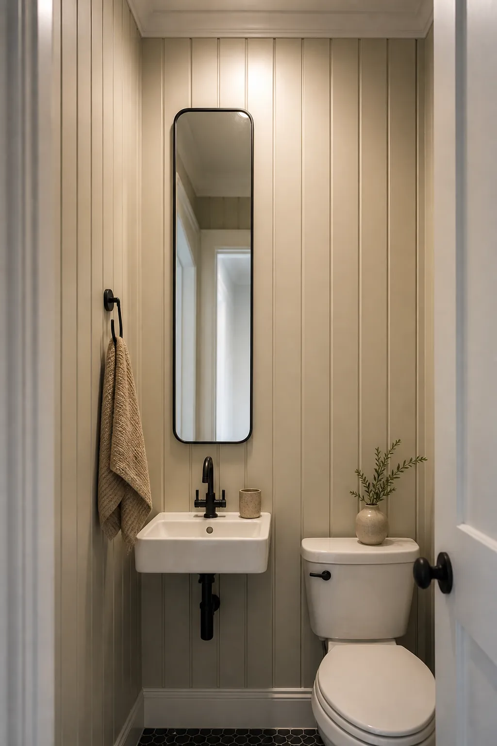 Small half bath with vertical wall paneling that makes the ceiling feel taller