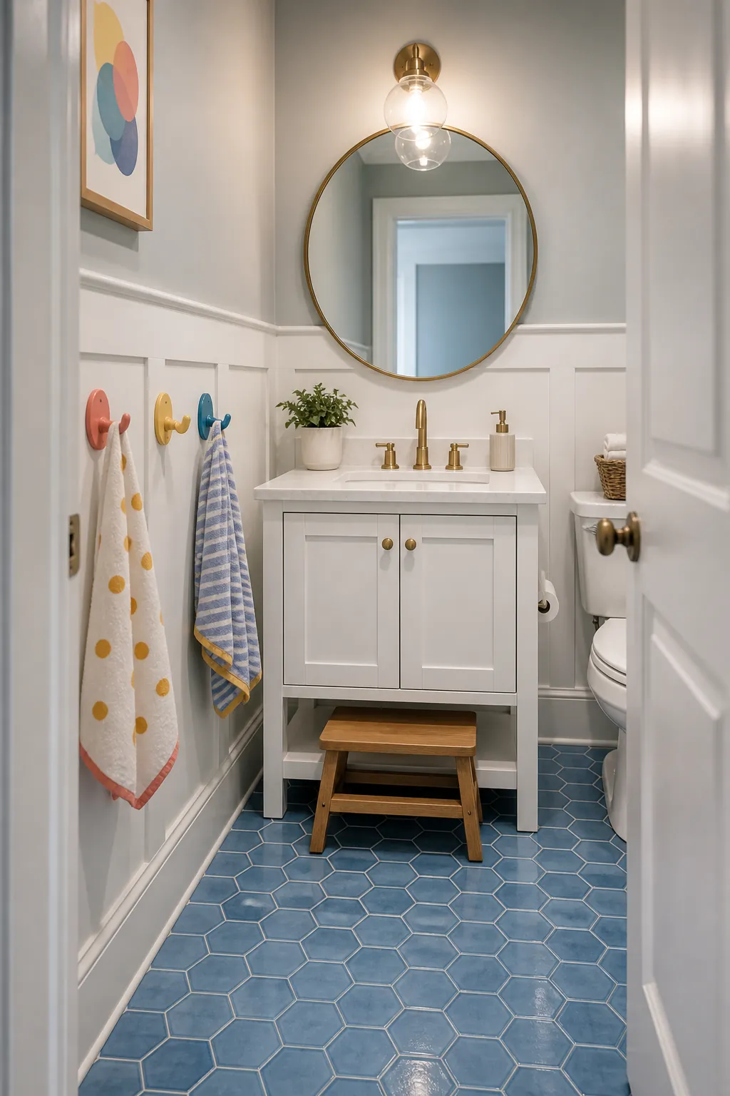Kid-friendly half bath with durable tile, cheerful towel hooks, and grown-up finishes