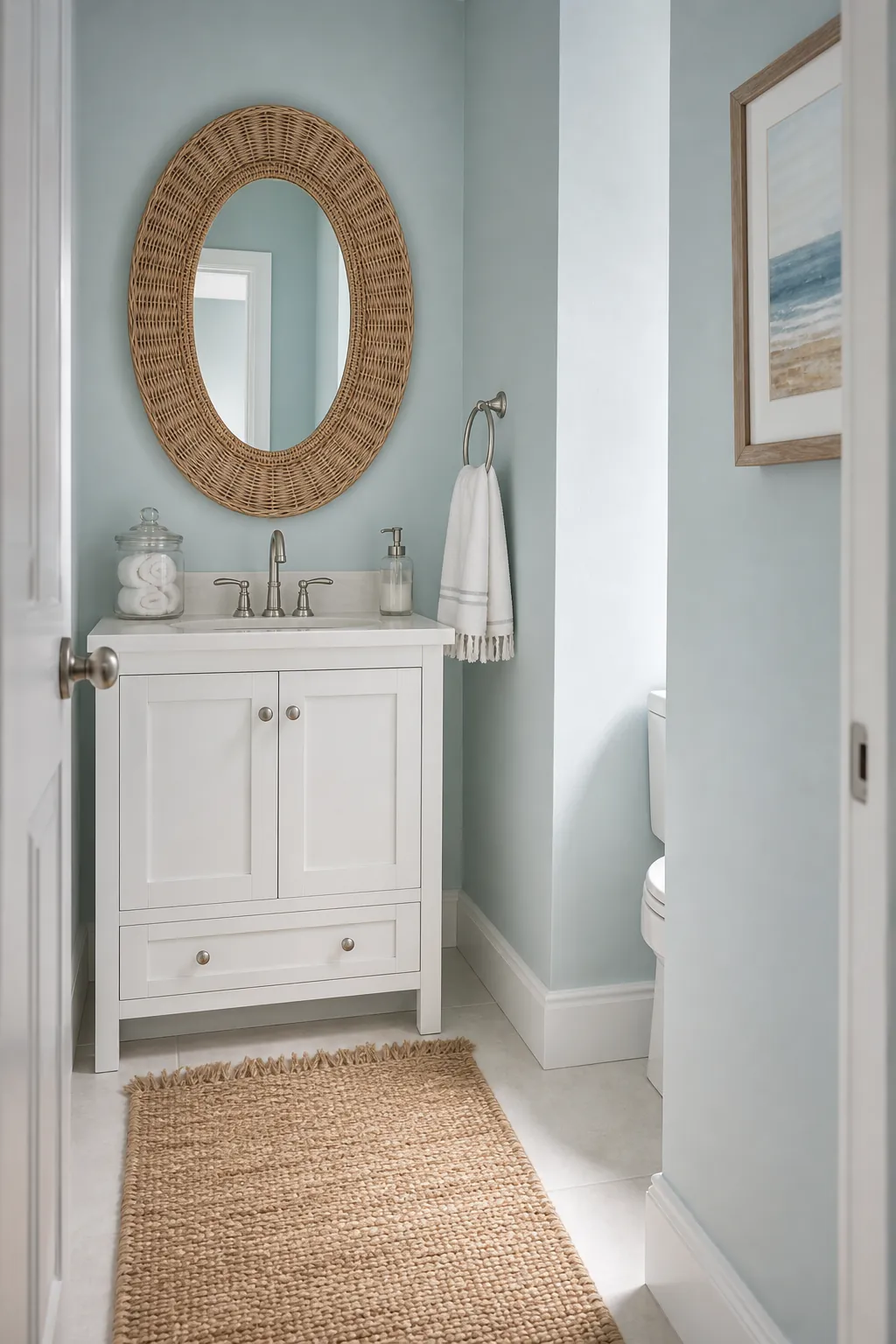 Coastal half bath with pale blue walls, woven mirror, and simple white sink