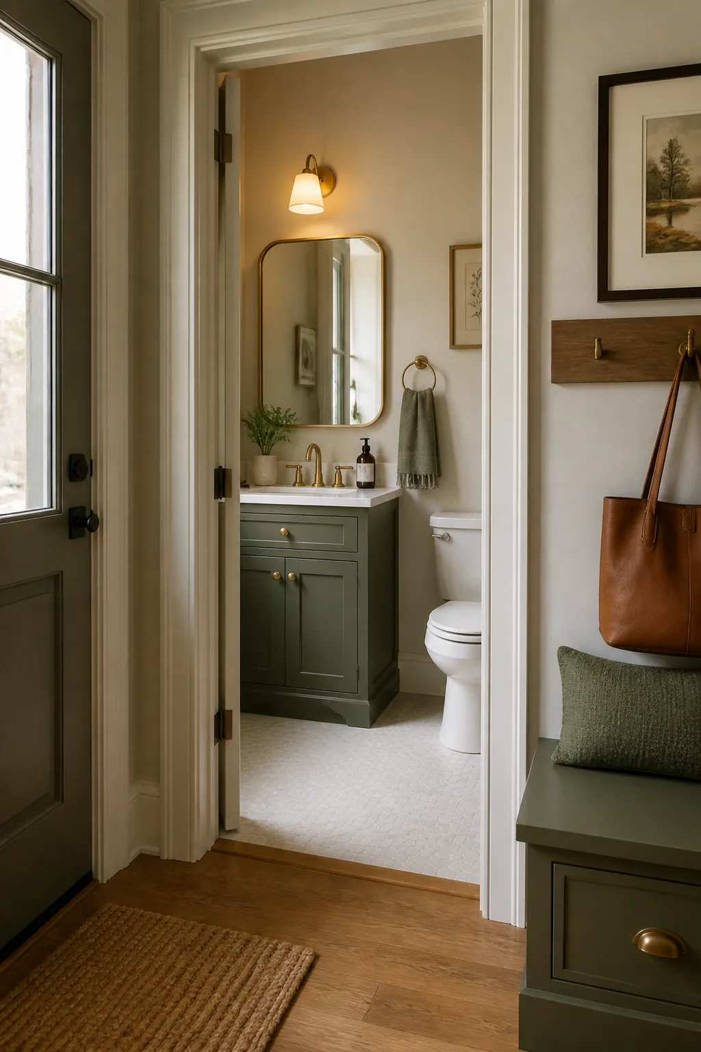 Downstairs half bath using colors that connect to the adjacent entryway