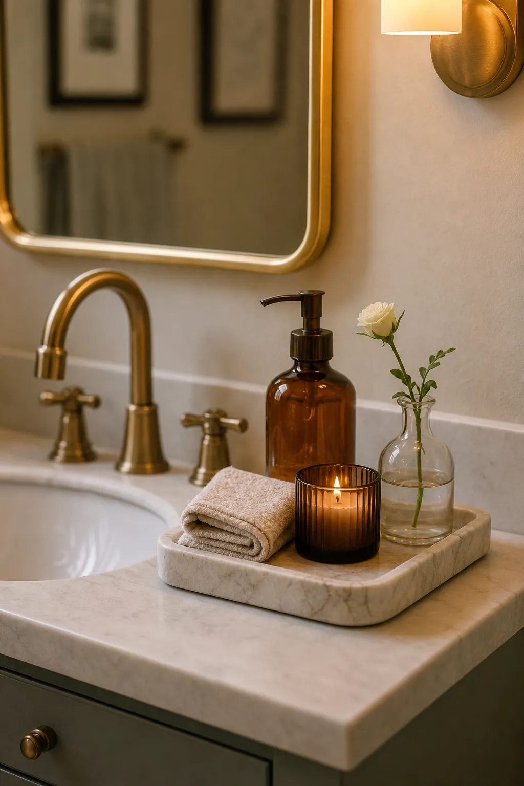 Half bath sink with a tiny tray holding soap, a candle, and a small vase