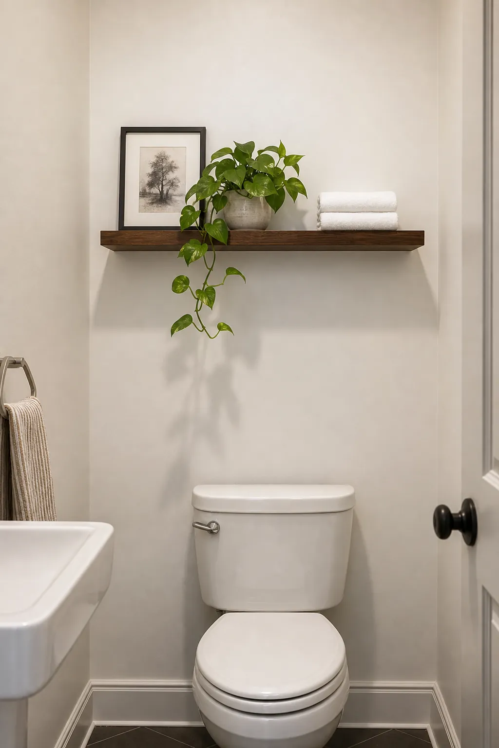 Small powder room shelf styled with three varied objects above the toilet