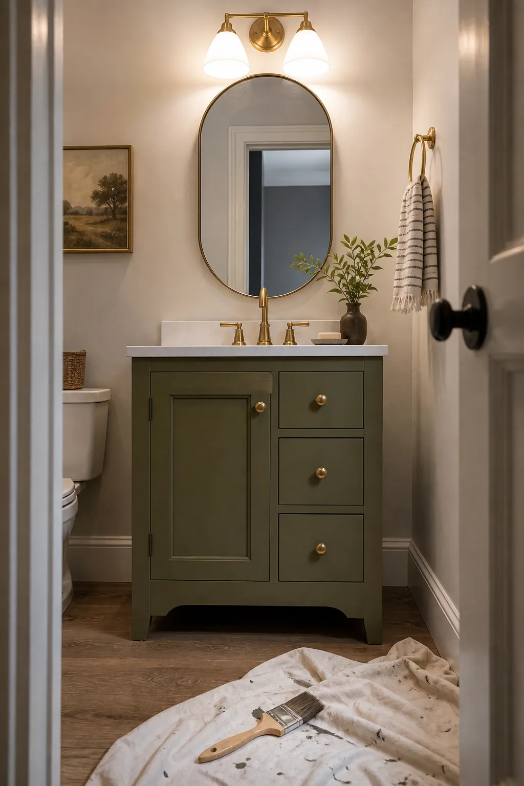 Budget half bathroom refresh with a painted vanity and updated mirror