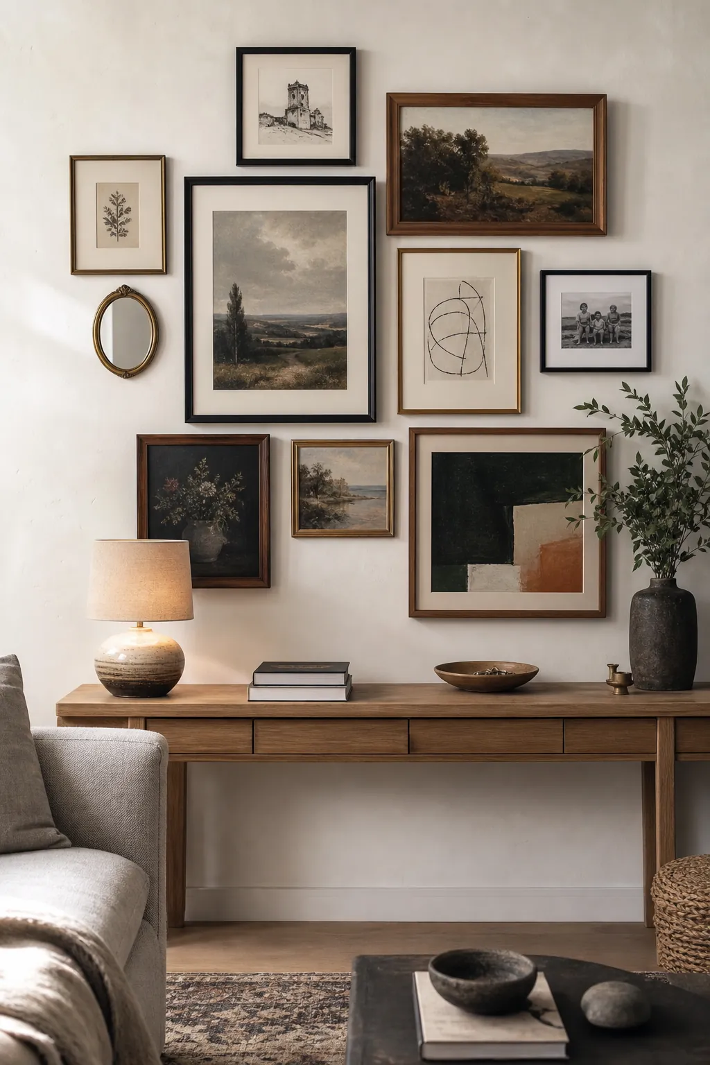 Balanced mixed frame gallery wall above a console in a warm living room