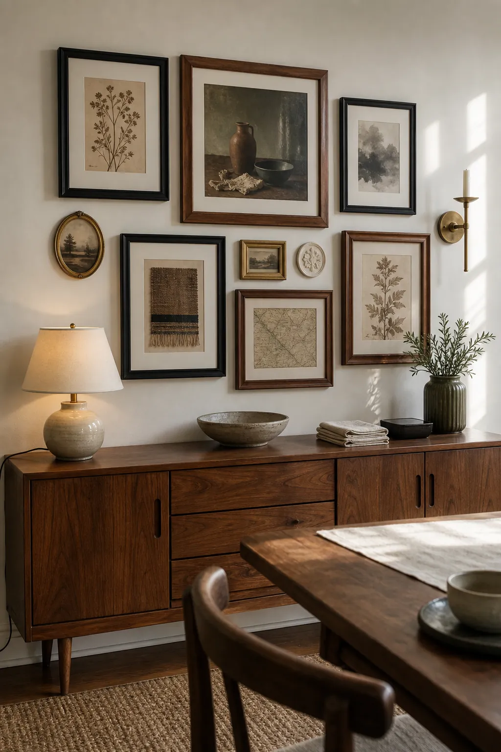 Dining room gallery wall repeating black wood and brass frame families