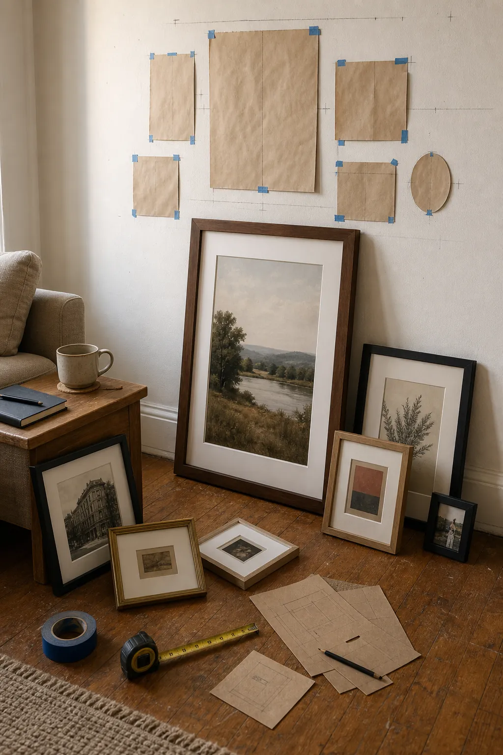 Large walnut anchor frame and mixed picture frames planned on a living room wall