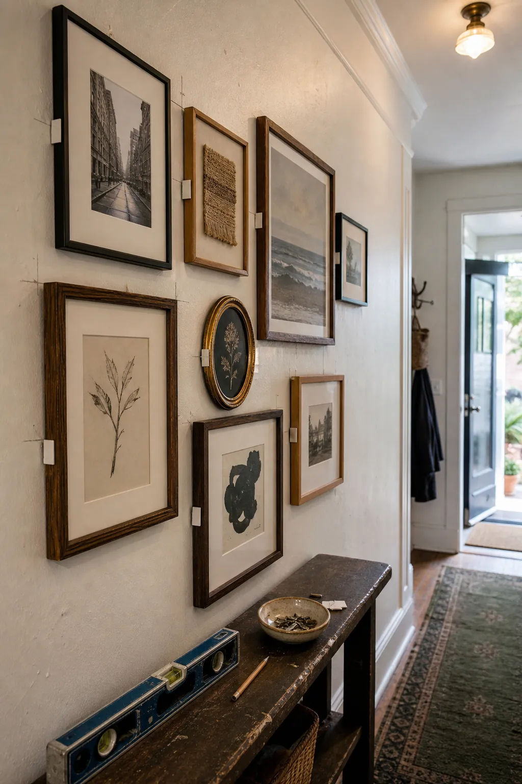 Mixed frame gallery wall in a hallway with consistent spacing and alignment tabs