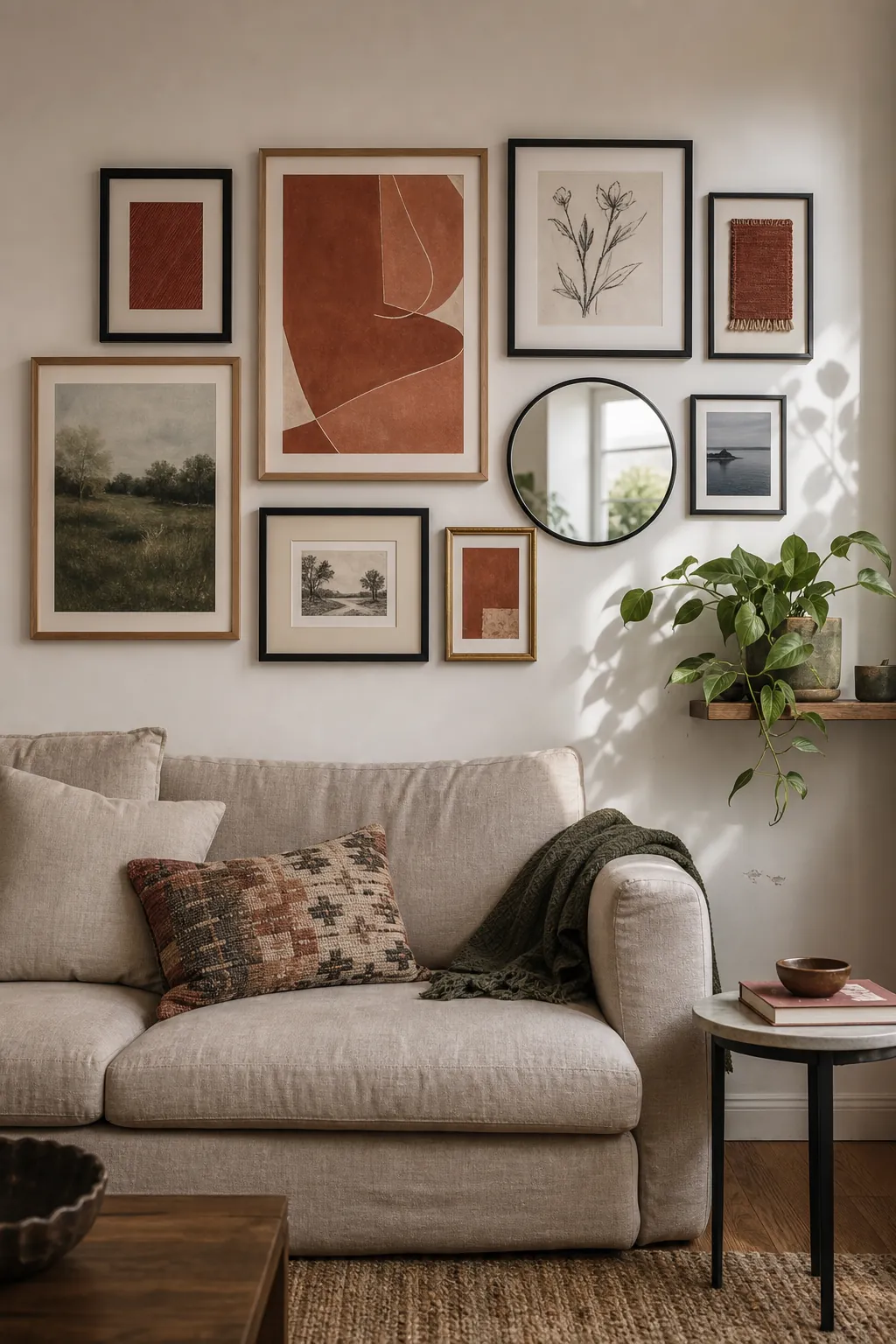 Living room gallery wall using repeated terracotta and green wall art colors