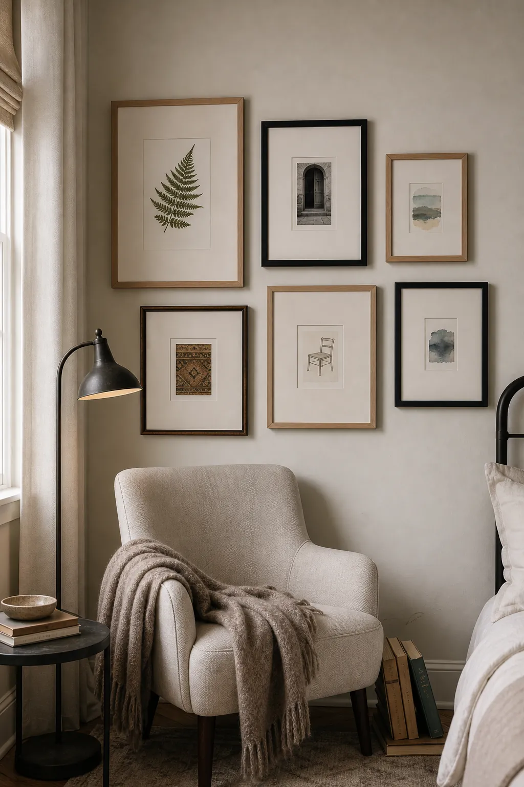 Reading nook gallery wall with wide mats and breathing room around small art