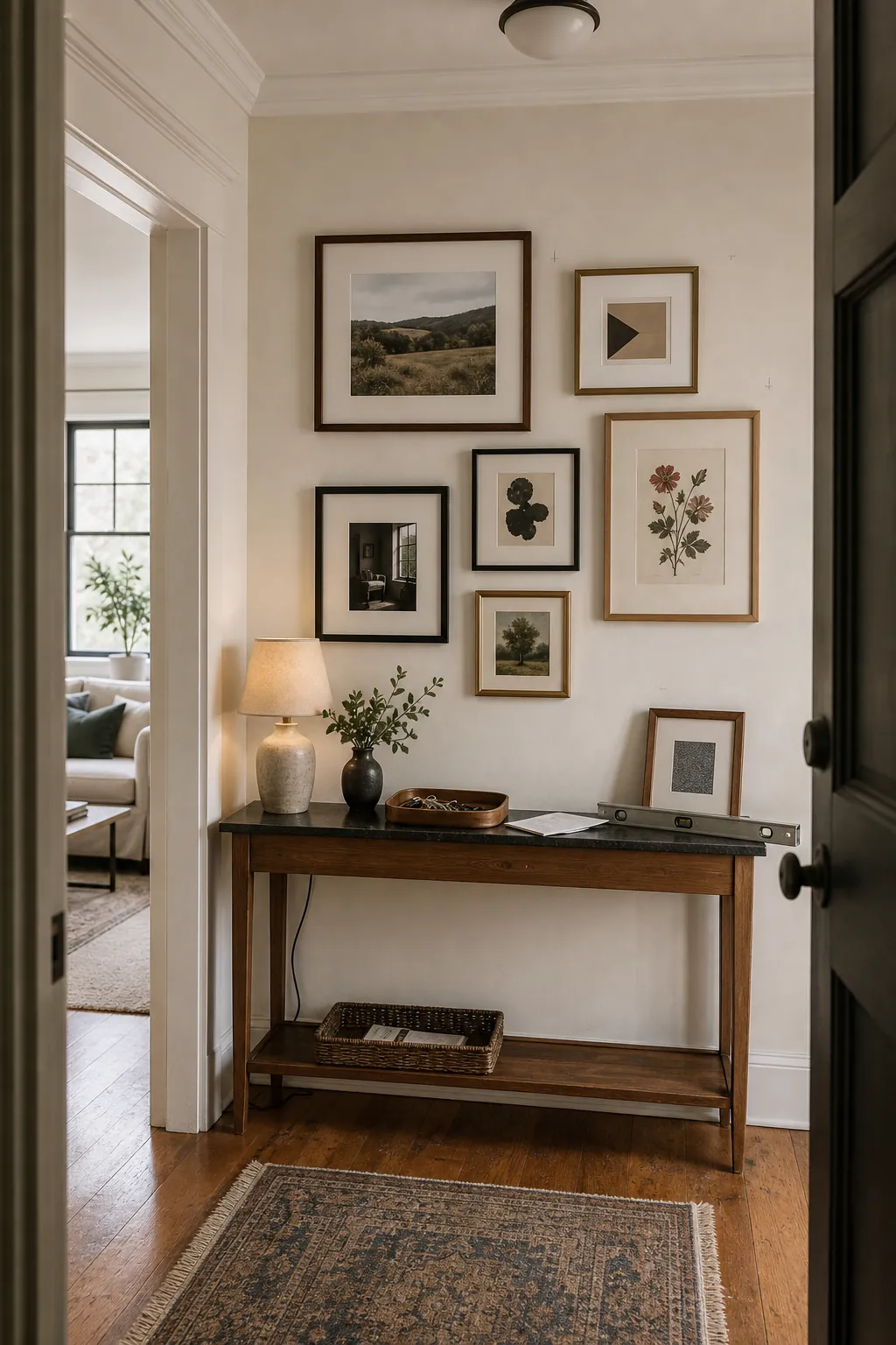Entryway mixed frame gallery wall checked from across the room before final hanging