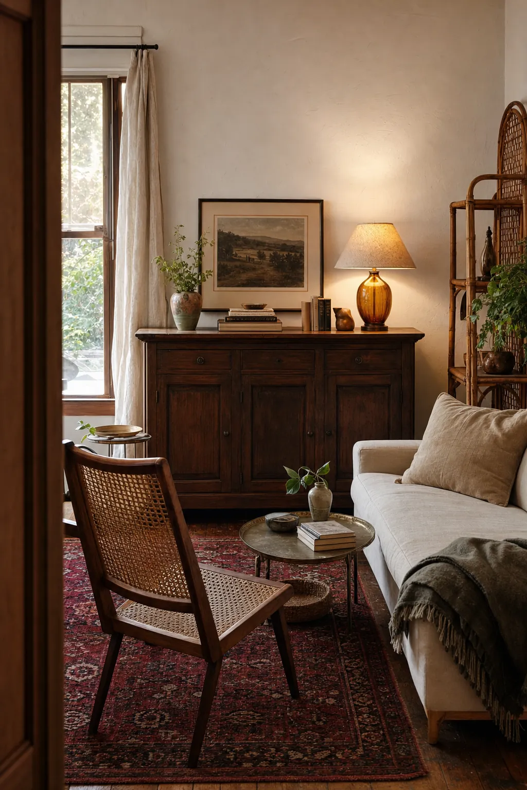 Warm vintage living room with wood tones, cane chair, thrifted decor, and soft lamp light