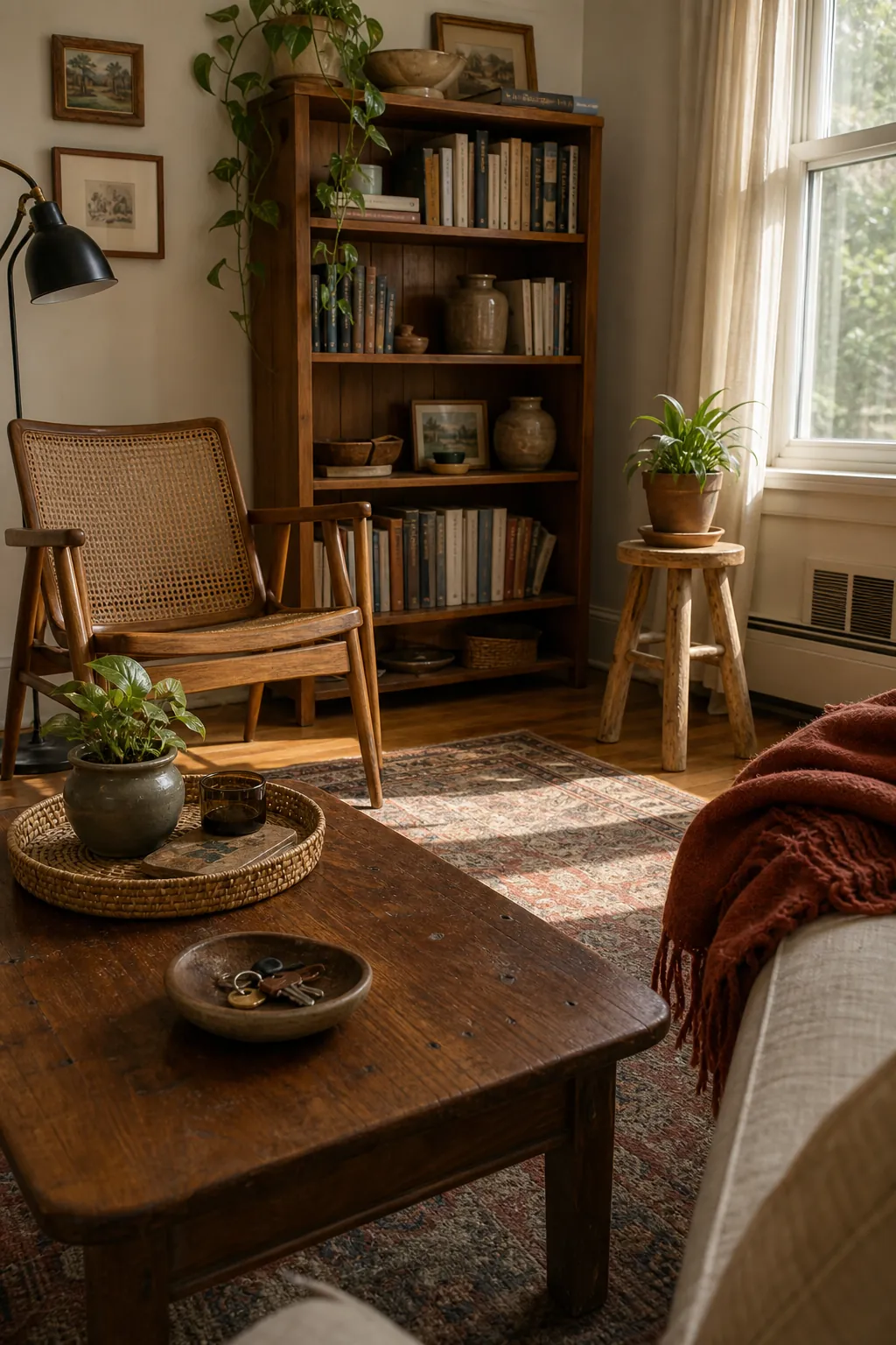 Vintage living room corner with mixed warm wood tones, cane chair, bookshelf, and layered rug