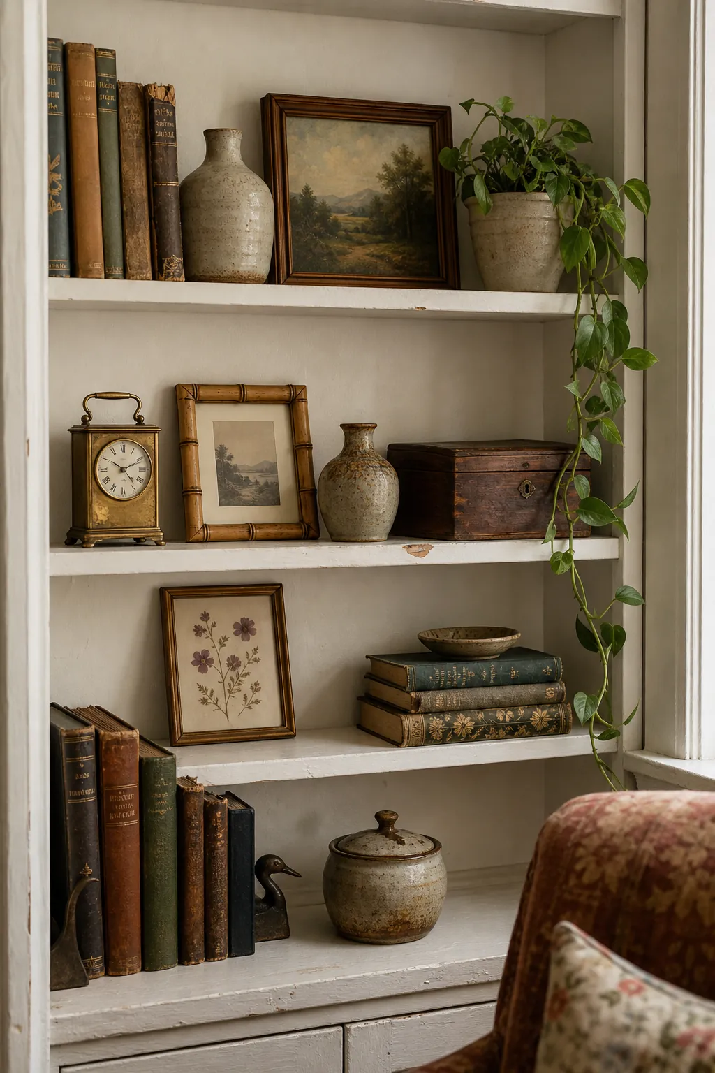 Edited collected shelf with vintage books, ceramics, brass clock, bamboo frame, and plant