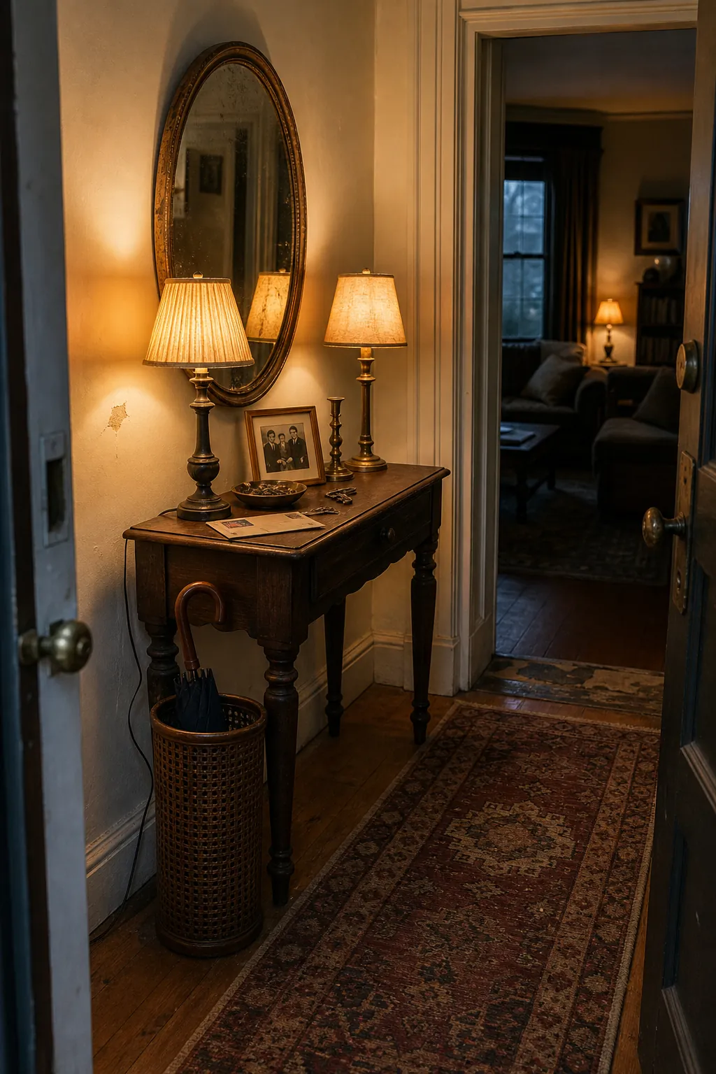 Vintage entryway with warm table lamps, aged mirror, console table, and worn runner rug