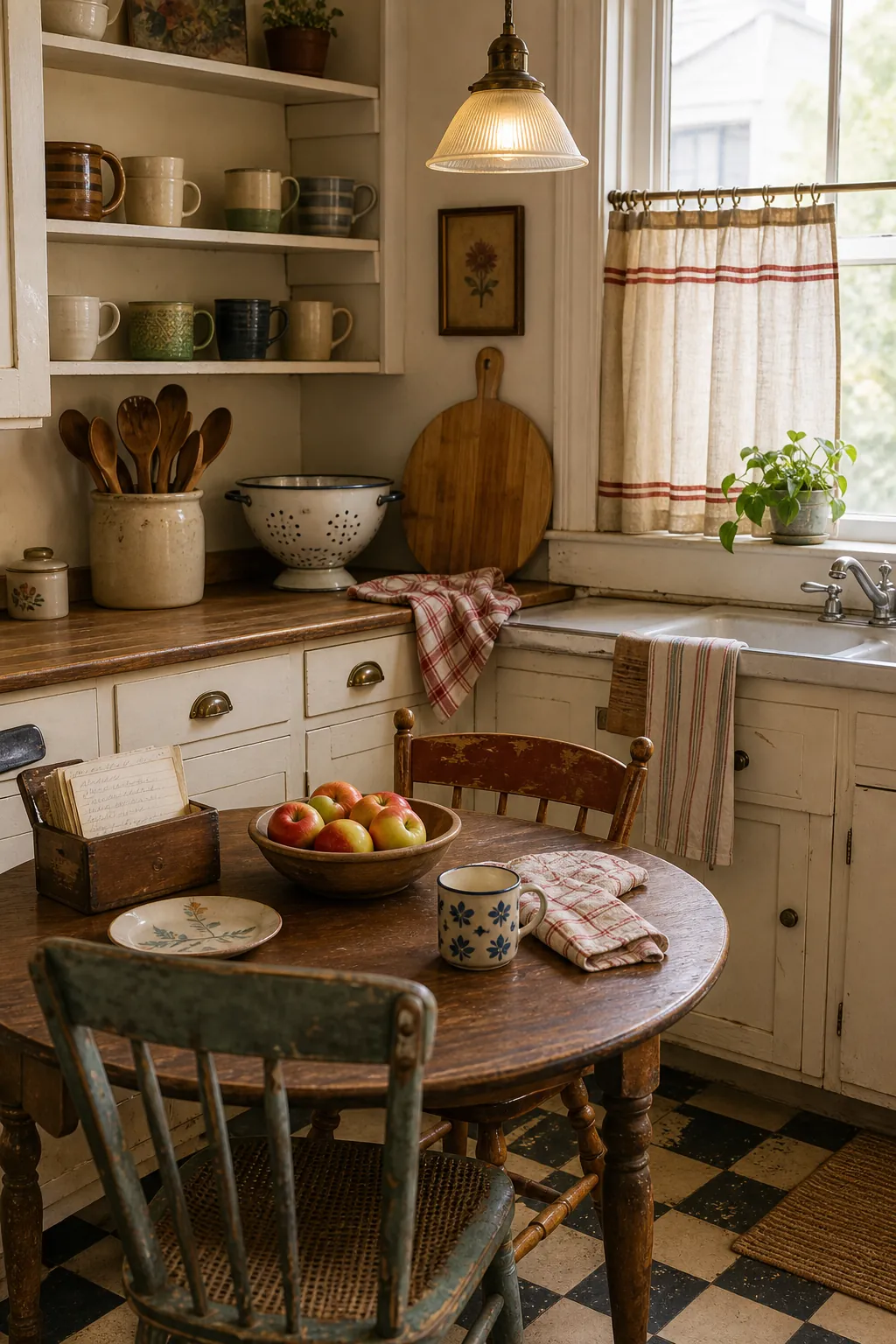 Warm vintage kitchen corner with thrifted mugs, cafe curtain, wooden table, and retro enamel colander