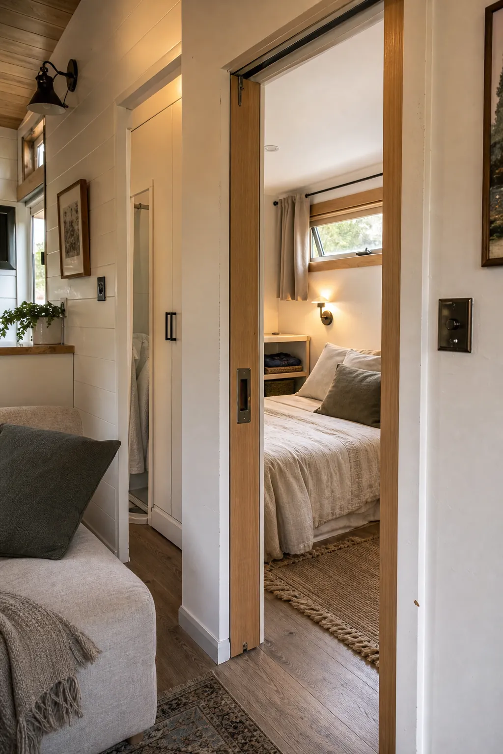 Main floor tiny house bedroom with a pocket door and quiet back-wall placement