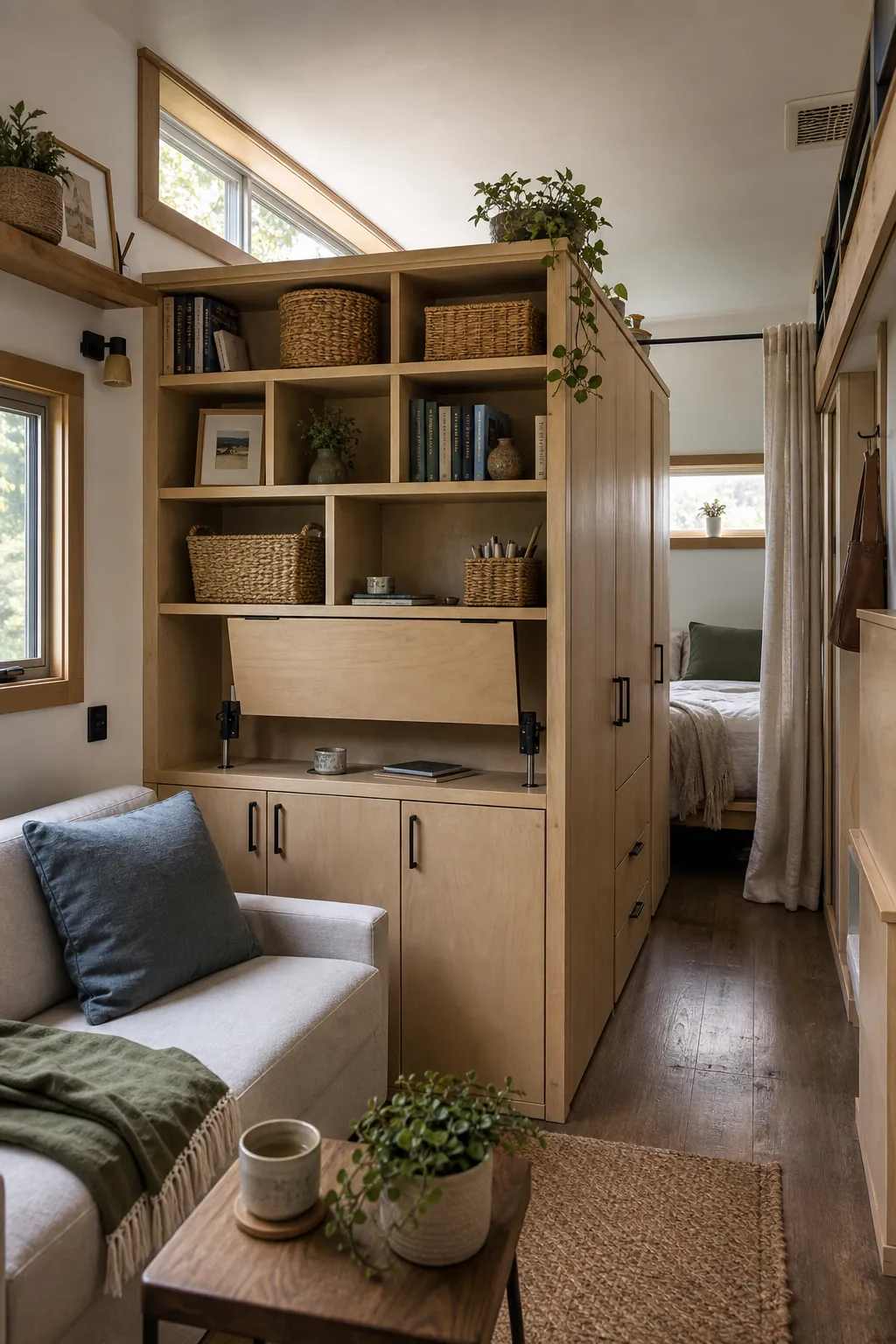 Tiny house storage wall used as a room divider between living and sleeping zones