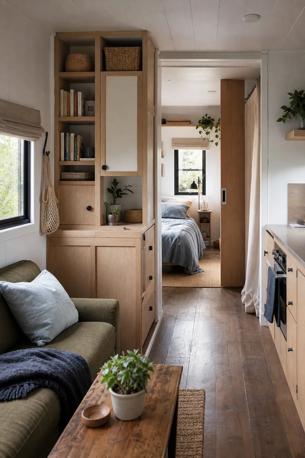 Tiny house interior with layered privacy zones, storage dividers, and a separate sleeping area